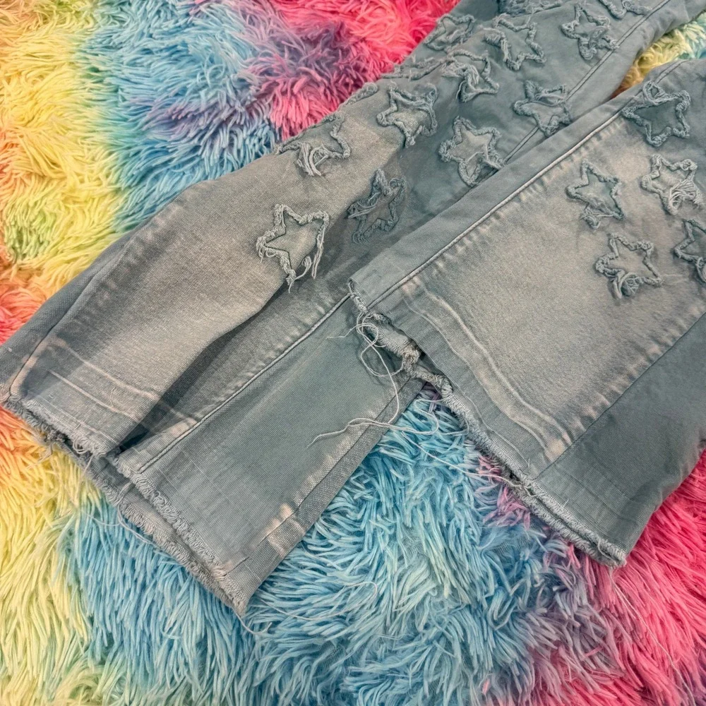 New* Valabasas Star Distressed Jeans Womens 38 Light Blue‎ Frayed Hem Streetwear